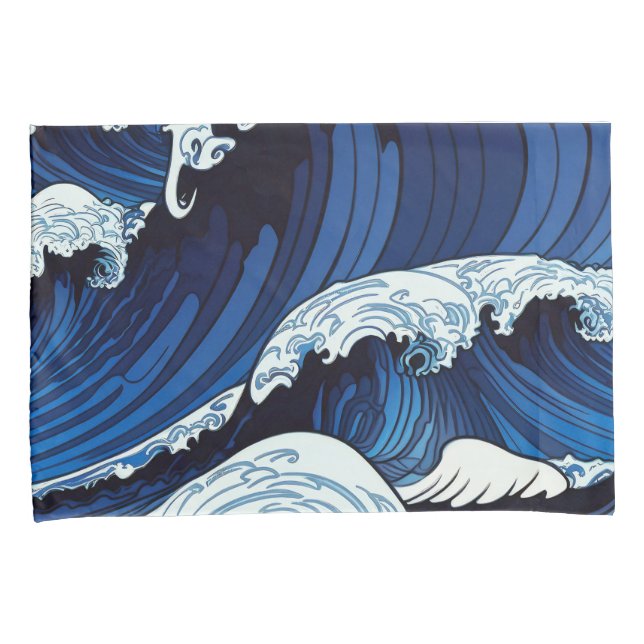 Abstract Blue Ocean Waves Japanese Style Artwork | Pillowcase (Front-Right)