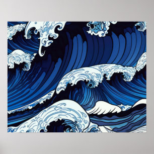 Abstract Blue Ocean Waves Japanese Style Artwork   Poster