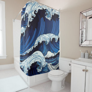 Abstract Blue Ocean Waves Japanese Style Artwork   Shower Curtain
