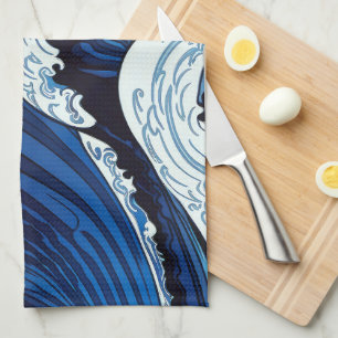 Abstract Blue Ocean Waves Japanese Style Artwork   Tea Towel