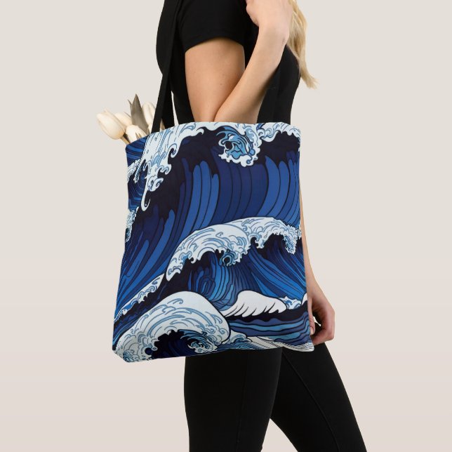 Abstract Blue Ocean Waves Japanese Style Artwork | Tote Bag (Close Up)