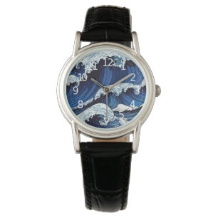 Abstract Blue Ocean Waves Japanese Style Artwork   Watch