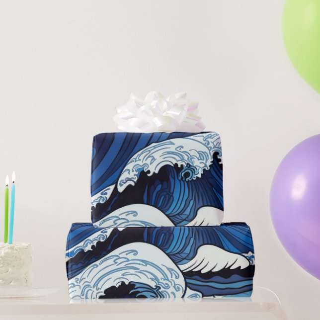 Abstract Blue Ocean Waves Japanese Style Artwork | Wrapping Paper (Party Gifts)