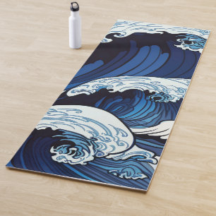 Abstract Blue Ocean Waves Japanese Style Artwork Yoga Mat