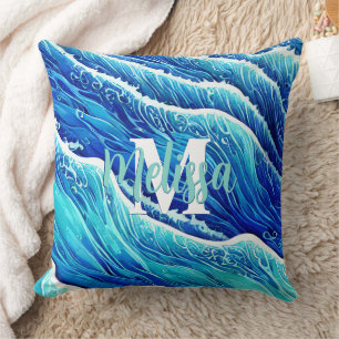 Abstract Blue Ocean Waves Monogrammed Cushion