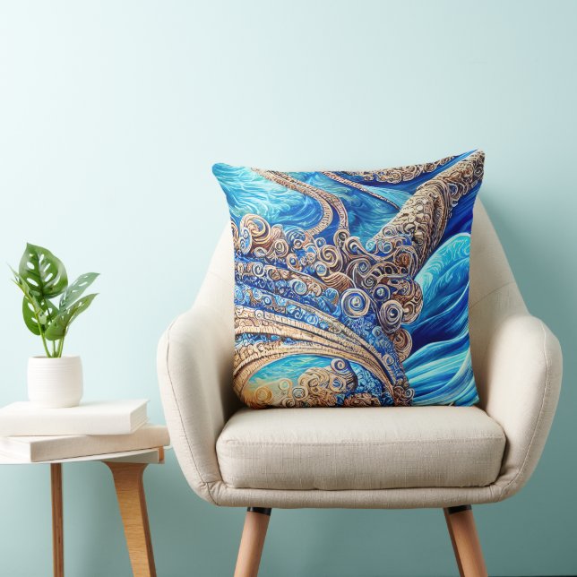 Abstract Blue Ocean Waves Ornate Surrealism Art Cushion (Chair)