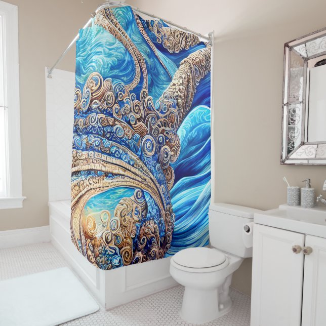 Abstract Blue Ocean Waves Ornate Surrealism Art  Shower Curtain (In Situ)