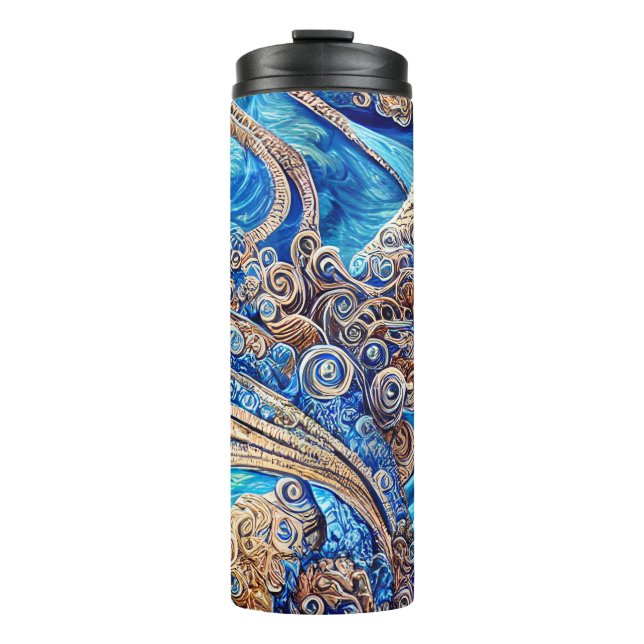 Abstract Blue Ocean Waves Ornate Surrealism Art Thermal Tumbler (Front)