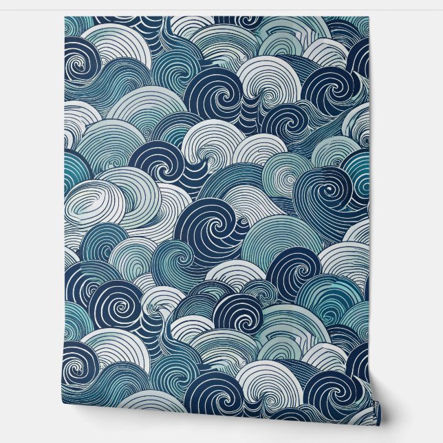 Abstract Blue Ocean Waves Seamless Pattern Wallpaper (Unrolling)
