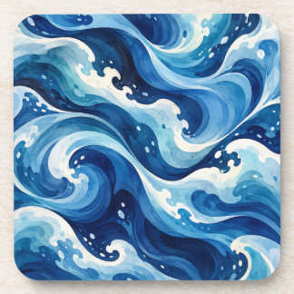 Abstract Blue Ocean Waves Watercolor Coastal Throw Coaster