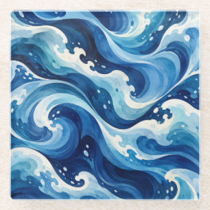 Abstract Blue Ocean Waves Watercolor Coastal Throw Glass Coaster