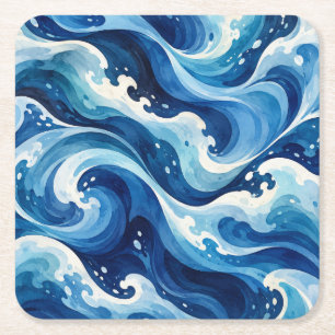 Abstract Blue Ocean Waves Watercolor Coastal Throw Square Paper Coaster