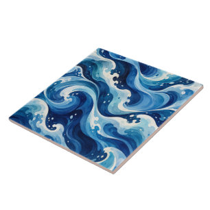 Abstract Blue Ocean Waves Watercolor Coastal Throw Tile