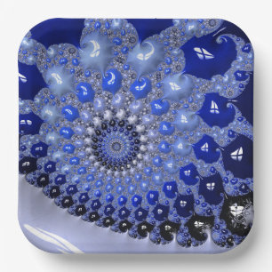 Abstract Blue Ombre Fractal Bubbles Paper Plate