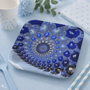 Abstract Blue Ombre Fractal Bubbles Paper Plate