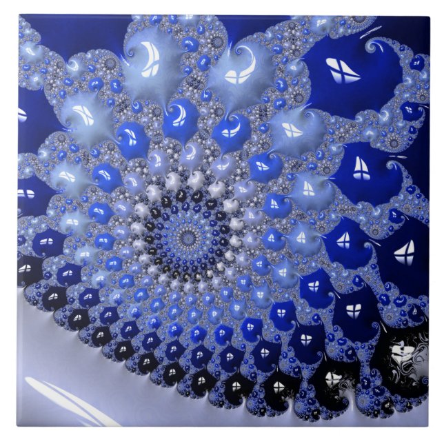 Abstract Blue Ombre Fractal Bubbles Tile (Front)