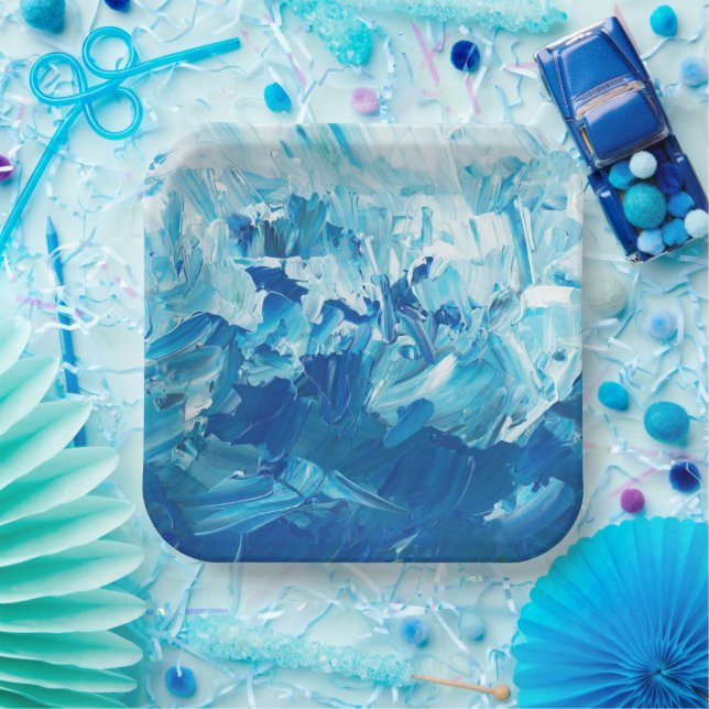 Abstract Blue Paint Waves Paper Plate (Party)