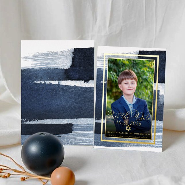 Abstract Blue Photo Bar Mitzvah Save the Date Real (Creator Uploaded)