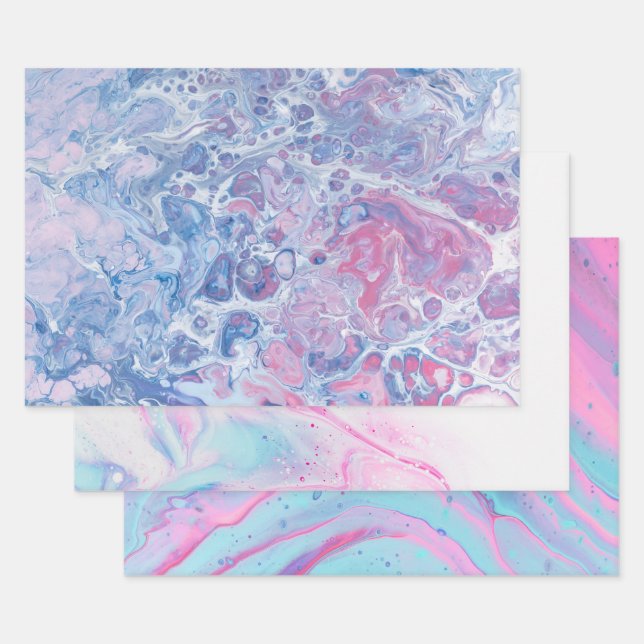 Abstract Blue, Pink and White Marbled Art Wrapping Paper Sheet (Set)
