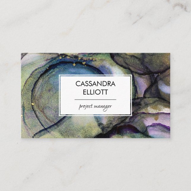 Abstract Blue Purple & Gold Alcohol Ink Liquid Art Business Card (Front)