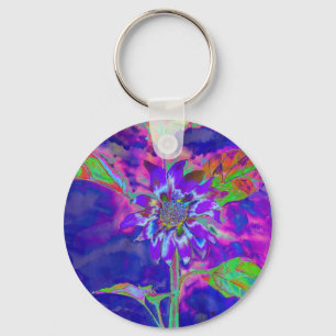 Abstract blue purple sunflower   retro funky  key ring