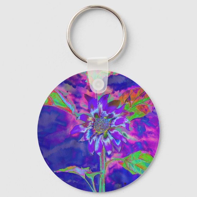 Abstract blue purple sunflower | retro funky  key ring (Front)