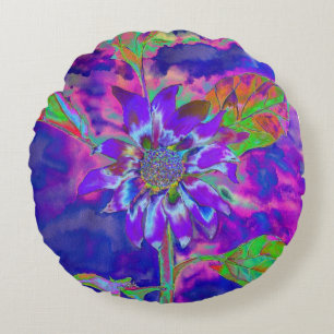 Abstract blue purple sunflower   retro funky  round cushion