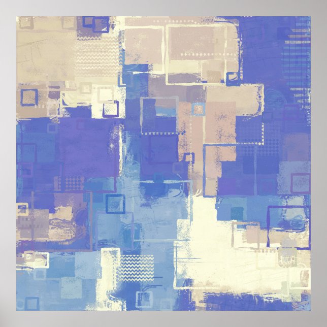 Abstract Blue Purple Taupe Ivory Mixed Media Poster (Front)