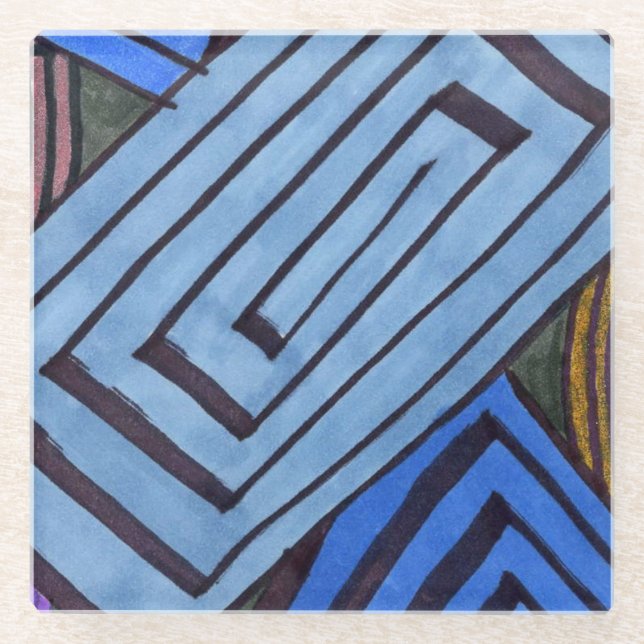 Abstract blue rectangular spiral Egyptian Coil Glass Coaster (Front)