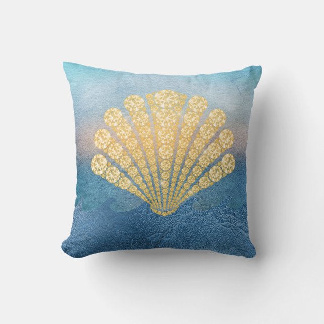 Abstract Blue Sea Gold Diamond Seashell Cushion (Front)