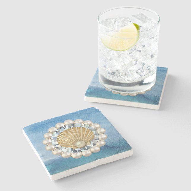 Abstract Blue Sea Golden Pearl Seashell Jewel Stone Coaster (Side)