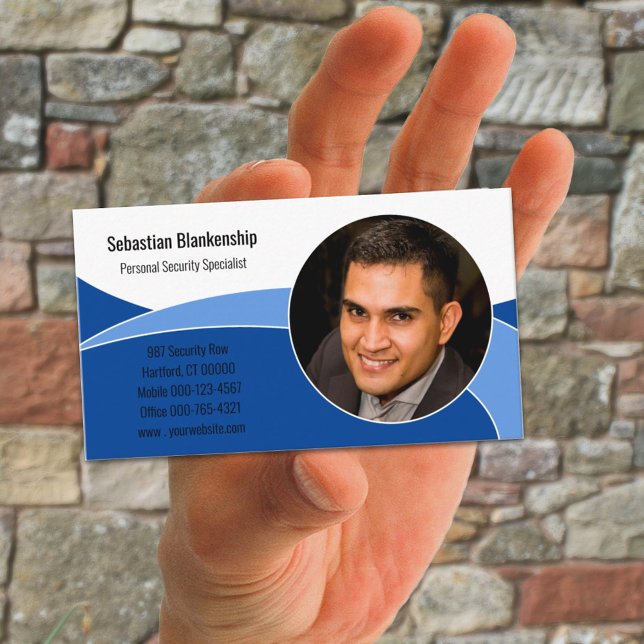 Abstract Blue Security Professional Custom Photo Business Card (custom photo business card template design front)