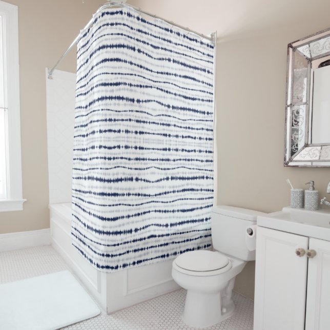 Abstract Blue Shibori Horizontal Lines  Shower Curtain (In Situ)