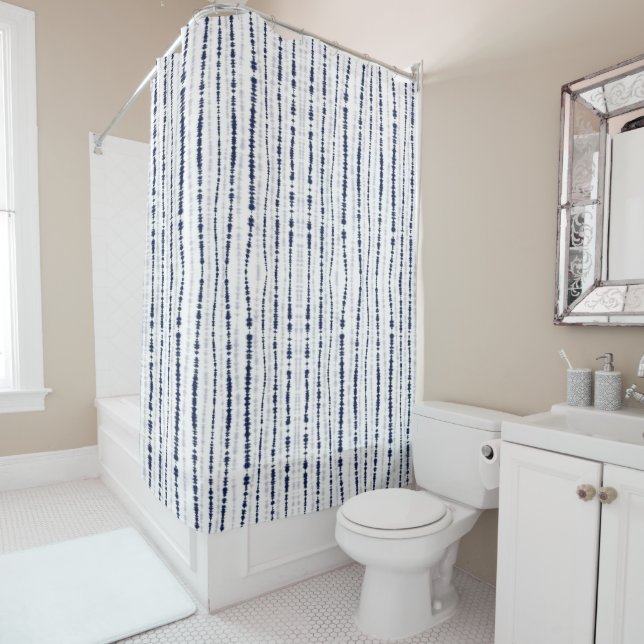 Abstract Blue Shibori Vertical Lines Shower Curtain (In Situ)