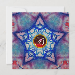ABSTRACT BLUE STAR RED RUBY GEM STONE  MONOGRAM INVITATION
