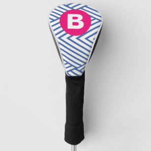 Abstract Blue Stripey Pattern Pink Monogram Golf Head Cover