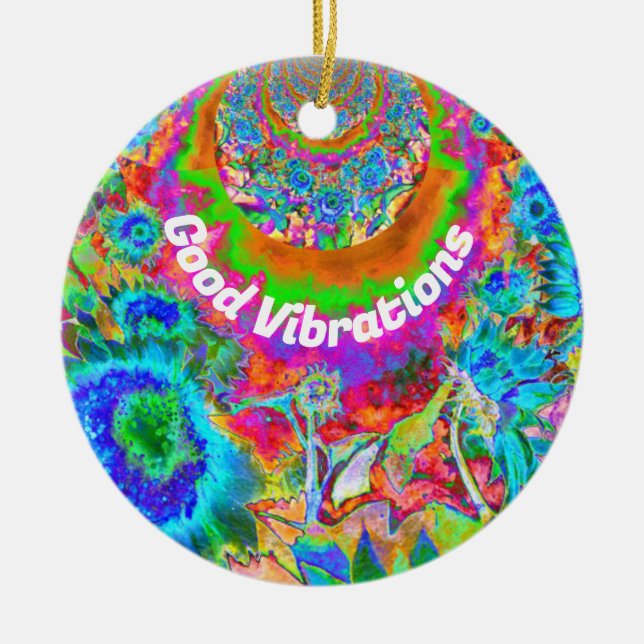 Abstract blue sunflower field | retro flowers  ceramic tree decoration (Front)