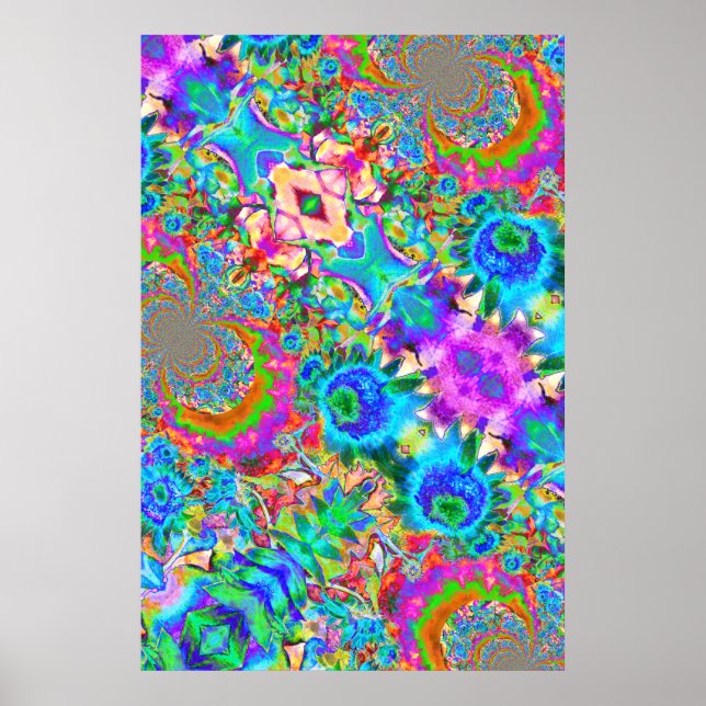 Abstract blue sunflowers - retro floral painting  poster (Front)