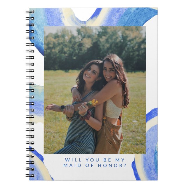 Abstract Blue Swirl Photo Maid of Honour Proposal Notebook (Front)