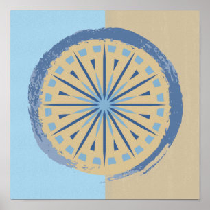 Abstract Blue & Tan Starburst Circle Design Print