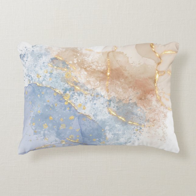 Abstract Blue, Taupe and Gold Decorative Cushion (Front)