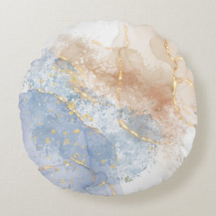 Abstract Blue, Taupe and Gold Round Cushion