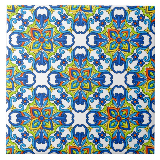 Abstract Blue Tiled Mexican Talavera Pattern Tile (Front)