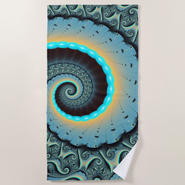 Abstract Blue Turquoise Orange Fractal Art Spiral Beach Towel (Front)