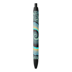Abstract Blue Turquoise Orange Fractal Art Spiral Black Ink Pen