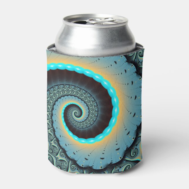 Abstract Blue Turquoise Orange Fractal Art Spiral Can Cooler (Can Front)