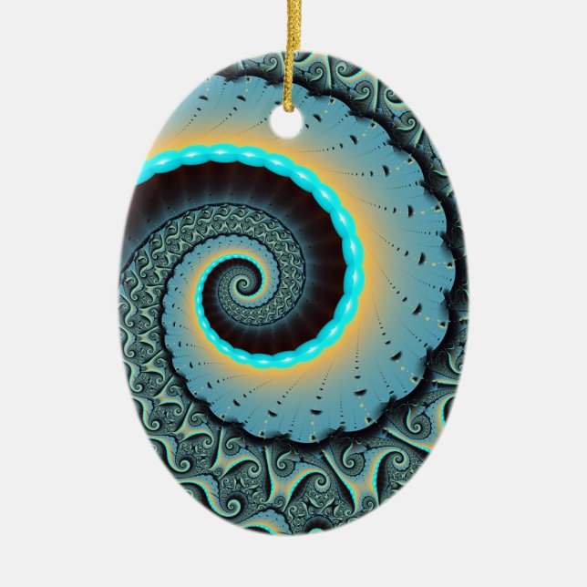 Abstract Blue Turquoise Orange Fractal Art Spiral Ceramic Tree Decoration (Front)