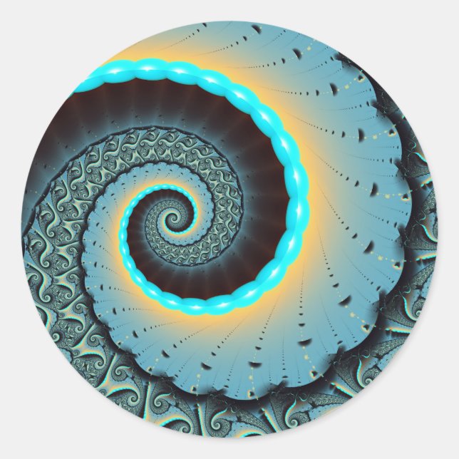 Abstract Blue Turquoise Orange Fractal Art Spiral Classic Round Sticker (Front)