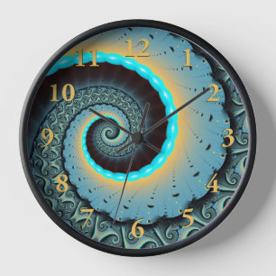 Abstract Blue Turquoise Orange Fractal Art Spiral Clock