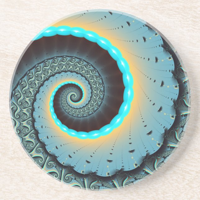 Abstract Blue Turquoise Orange Fractal Art Spiral Coaster (Front)